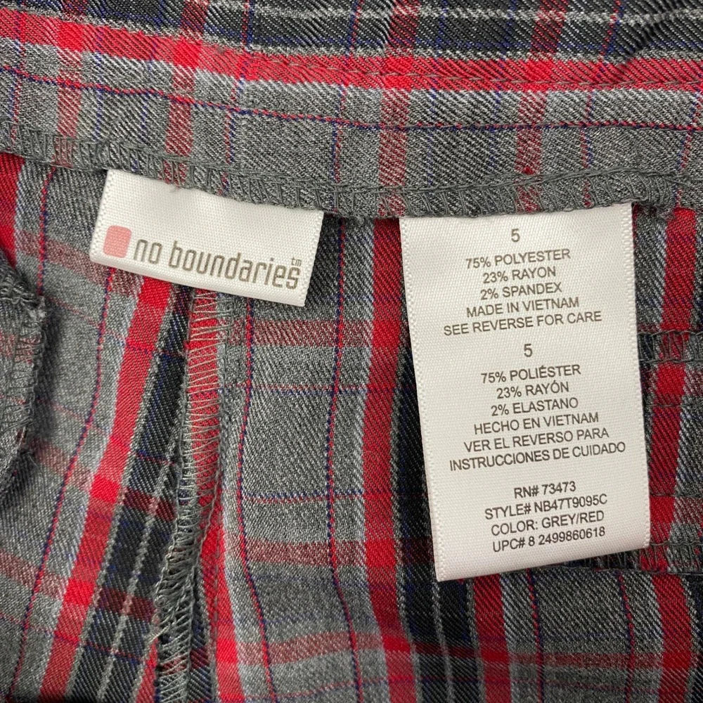 Vtg No Boundaries Plaid Wide Leg Trousers Pants Womens 5 Red Grey Cuffed Y2K
